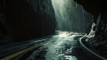 Rain-soaked road curving under a misty, forested mountainside.