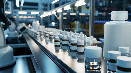 Pharmaceutical production line with bottles of medication in factory.
