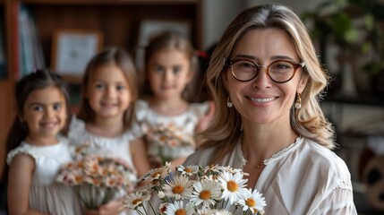 Appreciative Children Giving Flowers to Teacher on Teachers Day