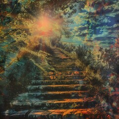 Heaven Stairs, Road to Light, Paradise Sky, Afterlife Way Drawing Imitation, Sun Rays Steps to Heaven, Copy Space