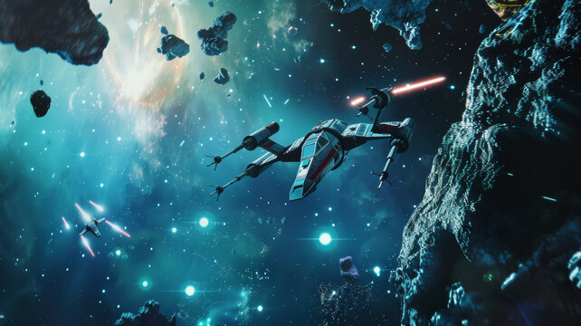 Fototapeta Spacecrafts engage in a dramatic battle amidst a starry asteroid field.