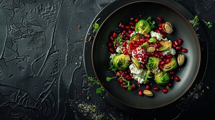 Brussels sprouts with pomegranate, cottage cheese and pistachios, on black textured background