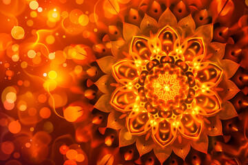 Mandala "Unlock financial flow" in orange-yellow color against a beautiful bokeh background