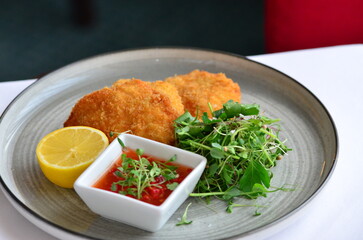 fried chicken schnitzel, food background, serving food, rustic plate, restaurant menu 