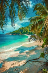 Picturesque Tropical Coast with White Sand, Blue Sea at Hot Afternoon, Beautiful Paradise Beach