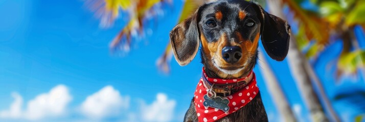 Small Dachshund wearing a red bandana in front of a vibrant beach backdrop complete with palm trees and a clear blue sky created with Generative AI Technology - obrazy, fototapety, plakaty