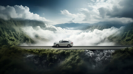 Mountain Drive in Fog: Car speeds along misty road through mountains under cloudy sky - obrazy, fototapety, plakaty
