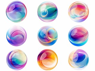A set of vibrant multicolored transparent spheres with swirling patterns, isolated on white background.