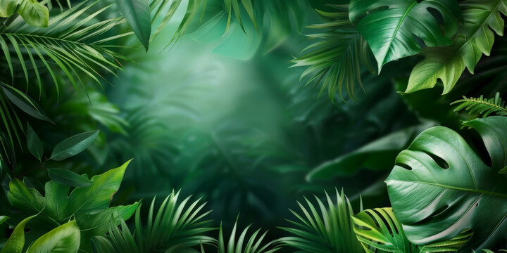 A tropical rainforest background with lush green leaves, perfect for summer events, copy space