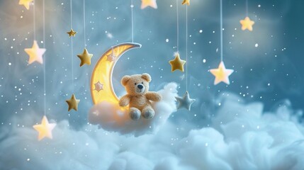A baby mobile with a teddy bear on the moon and stars against a soft foggy background