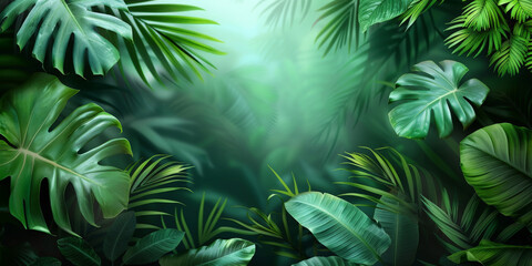 Fototapeta na wymiar A tropical rainforest background with lush green leaves, perfect for summer events, copy space