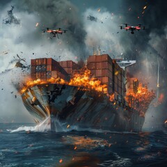 a container cargo ship sailing in the vast ocean attacked by drones, impressive explosions 
