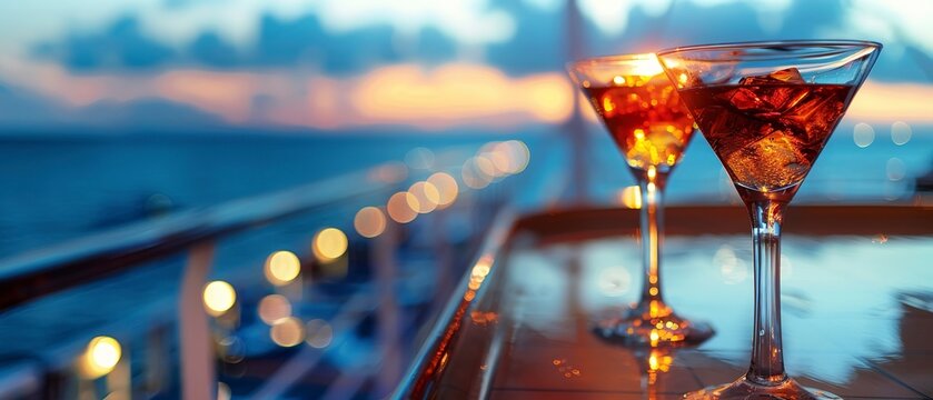 Evening cocktail party on cruise, elegant attire, soft lights, close up, social, vibrant.