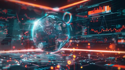 A globe with financial graphs and trends on a futuristic interface