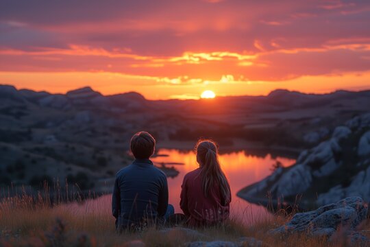 A serene image capturing a couple seated on grass overlooking a lake at sunset with the sky in vibrant hues of orange and pink