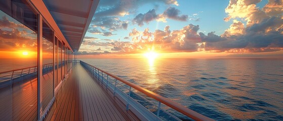 Cruise ship balcony view, ocean expanse, tranquil, morning light, reflective.