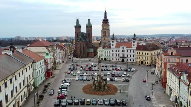 Panorama Of The Main Square At The City Centre Of Hradec Kralove In The Czech Republic. Aerial Drone Shot