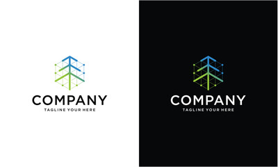 technology pine tree logo line art vector symbol illustration design, on a black and white background.
