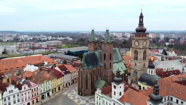 Cathedral Of The Holy Spirit At Large Historical Square In Hradec Kralove, Czech Republic. Aerial Drone Shot