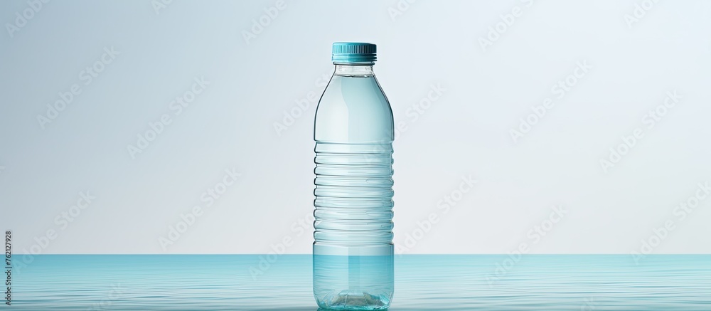 Wall mural a plastic water bottle containing mineral water is placed on a table, ready to be consumed as a refr