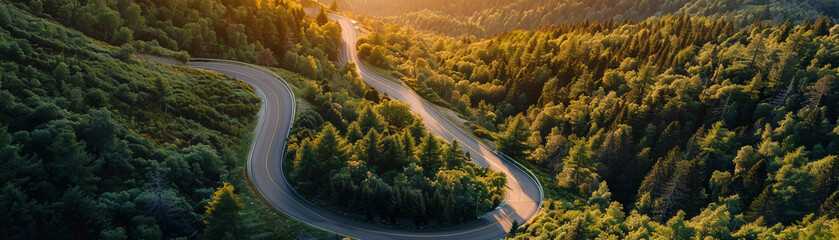 A winding road through a forested mountain area at sunset