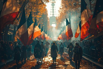 A special event with a parade of individuals carrying French flags through a street, with the Eiffel Tower in the backdrop