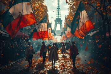 People walking on a festively decorated Paris street with French flags and the iconic Eiffel Tower