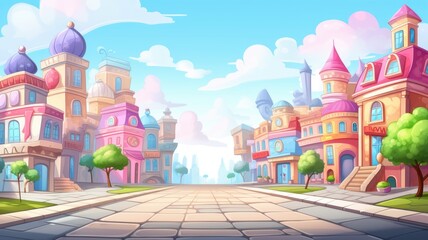 Fototapeta na wymiar Cartoon cityscape with whimsical buildings and clear skies