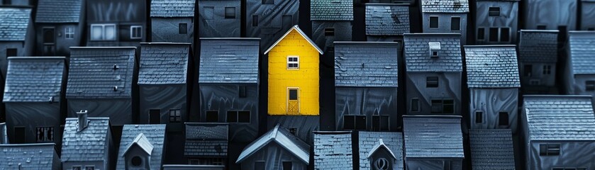 A yellow house standing out among many grey houses