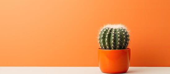 A small terrestrial plant with thorns, spines, and prickles, in a peachcolored pot, is artfully displayed on a table. Macro photography captures the intricate details of the cactus