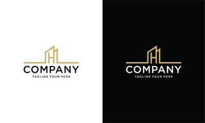 Abstract house vector logo, building and letter H home logo, in gold color on a black and white background.