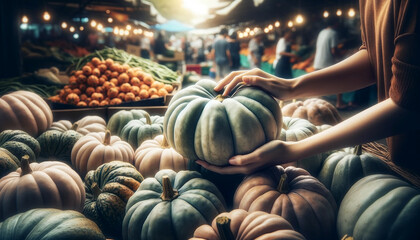 A close-up scene where a pair of hands holds a sizable, pale green pumpkin with care, choosing it from a pile in a farmer's market - Generative AI - obrazy, fototapety, plakaty