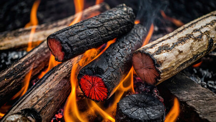 Burning firewood in a campfire, close-up. - obrazy, fototapety, plakaty