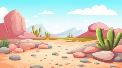 Fototapeta na wymiar cartoon desert scene with cacti, rocks, and mountains under a sunny sky