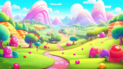 Fototapeta na wymiar cartoon whimsical forest with colorful trees, flowers, and a path to mountains