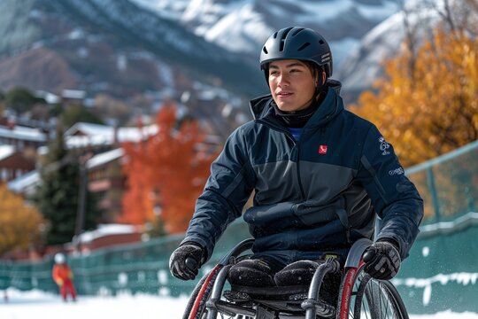 An athlete in a wheelchair training outdoors with a snowy mountain landscape in the background