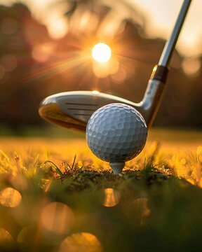 Close up of a golf ball on a tee with a club positioned for a swing on a sunlit course