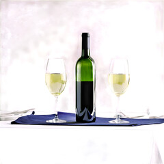 A bottle of wine and two glasses on a dining table