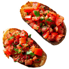 Delicious Bruschetta, Toasted Bread Topped with Fresh Tomatoes, Garlic, Basil, and Olive Oil, a...