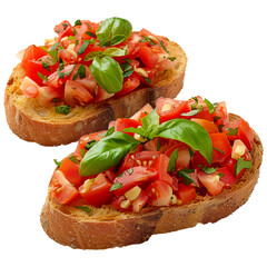 Delicious Bruschetta, Toasted Bread Topped with Fresh Tomatoes, Garlic, Basil, and Olive Oil, a Classic Italian Appetizer - obrazy, fototapety, plakaty