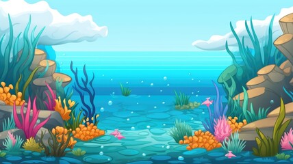 Naklejka na ściany i meble Cartoon underwater cartoon with colorful corals, striped fish, and sunlit blue waters