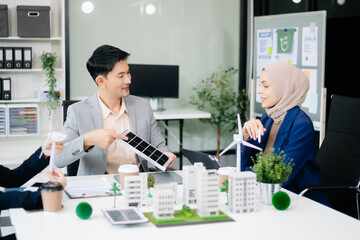 business team people planning and discussing on recycle reduce reuse policy symbol in office...