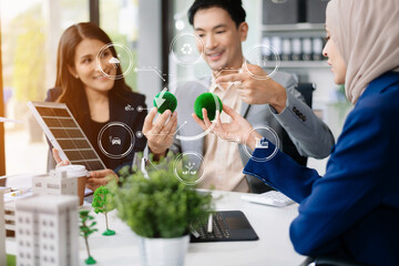 business team people planning and discussing on recycle reduce reuse policy symbol in office meeting room. Green business company and Solar Energy.