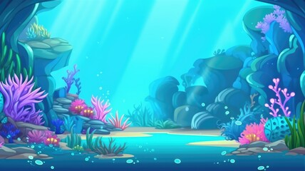 Fototapeta na wymiar Cartoon underwater cartoon with colorful corals, striped fish, and sunlit blue waters