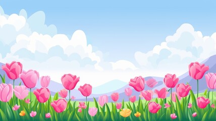 cartoon flowers under a sunny sky with fluffy clouds and distant mountains - obrazy, fototapety, plakaty