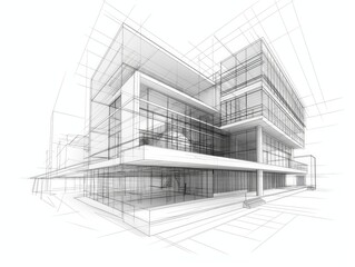 A detailed black and white sketch showing the design of a contemporary multi-story building, with emphasis on geometric forms and perspective.