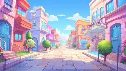 cartoon cityscape with pastel buildings under a clear, vibrant sky