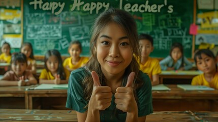 Teacher with Thumbs Up Celebrating Teachers Day in Classroom - obrazy, fototapety, plakaty