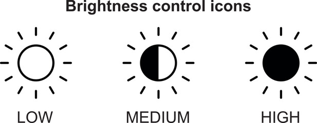 Brightness control icon, symbols in low, medium and high options. Contrast level, Screen brightness. Vector Illustrationnt