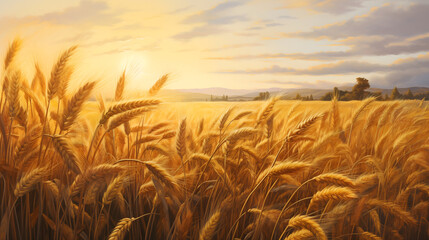 Golden wheat field at sunset under the blue summer sky - obrazy, fototapety, plakaty